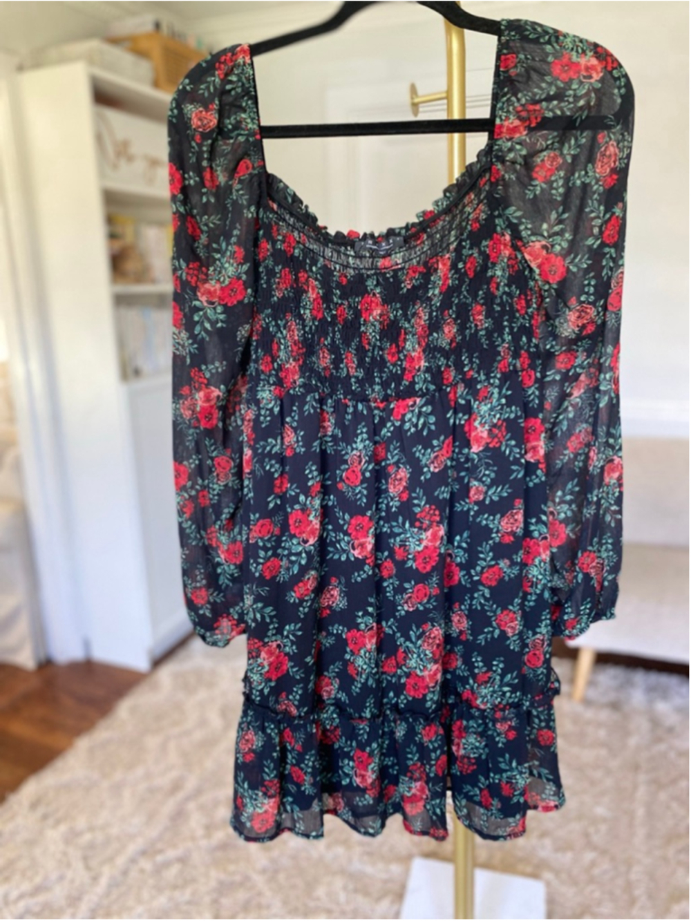 Trixxi Rose Floral Smocked Mini Dress Babydoll Quiet Luxury Romantic Feminine - Picture 2 of 8
